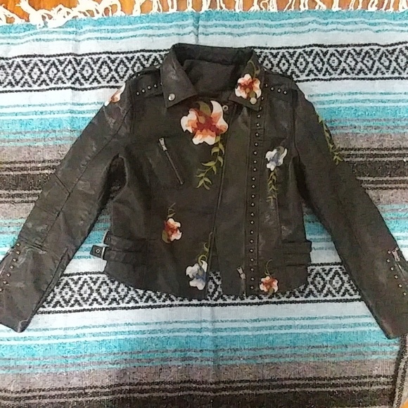 SHEIN Jackets & Blazers - Vegan leather floral embroidered studded jacket